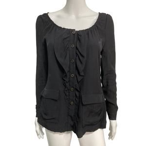 PRADA Black Ruffle Button Down Long Sleeve Round Neck Blouse Top Size 40 US 4